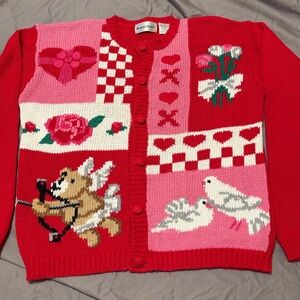 ALEXANDRA BARTLETT Womens Medium Pink Red Valentines Hearts Cardigan vintage